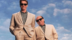 Arnold Schwarzenegger and Danny DeVito standing side by side representing the contrast between Auckland’s fast and slow growth suburbs