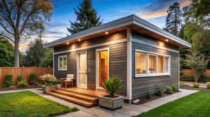 Modern minor dwelling with timber cladding and private deck.