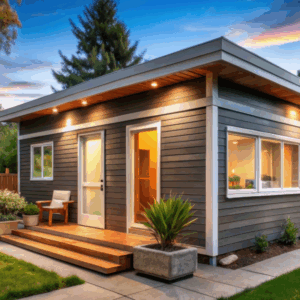 Modern minor dwelling with timber cladding and private deck.