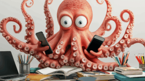 Stressed property investor juggling too many roles, surrounded by papers and tools