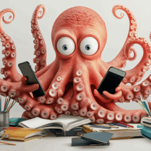 Stressed property investor juggling too many roles, surrounded by papers and tools