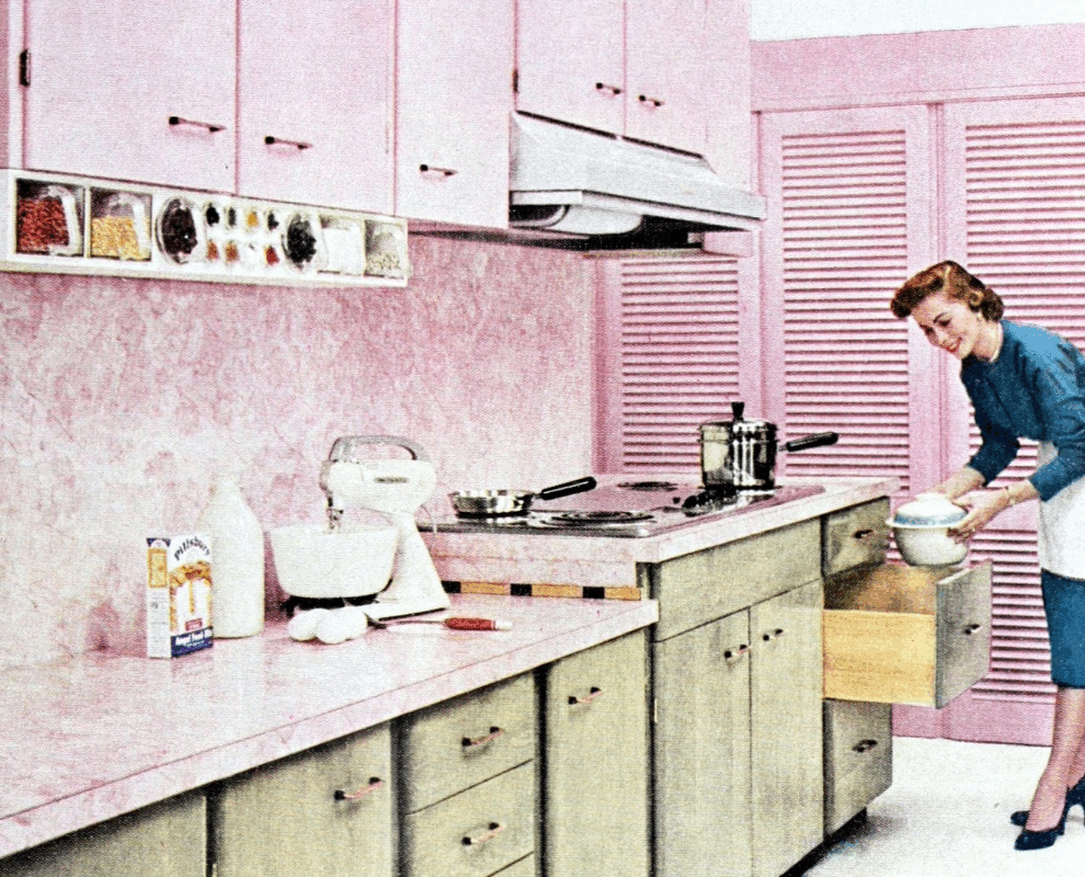 1950s retro kitchen with pink cabinets and a woman in apron baking, illustrating outdated renovation trends